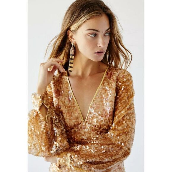 FREE PEOPLE Stars Align Mini Dress 4 Brown Golden Sequin Floral Embroidered nwt - Picture 3 of 14